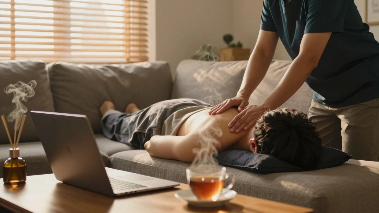 Remote worker receiving back massage on sofa, warm lighting, laptop on coffee table.