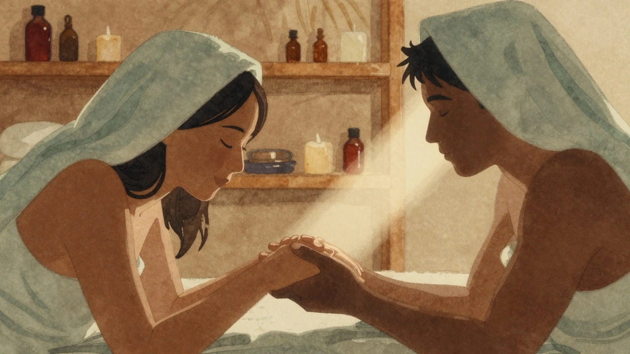 Silhouettes of a couple holding hands during a massage, warm light glowing softly around them in a tranquil spa setting.