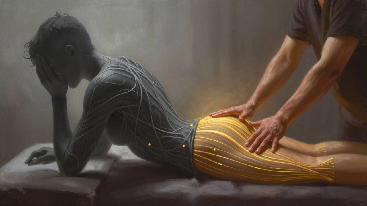 Split-body image showing urban stress transforming into relaxation through Thai massage, with glowing energy lines and gentle stretching.