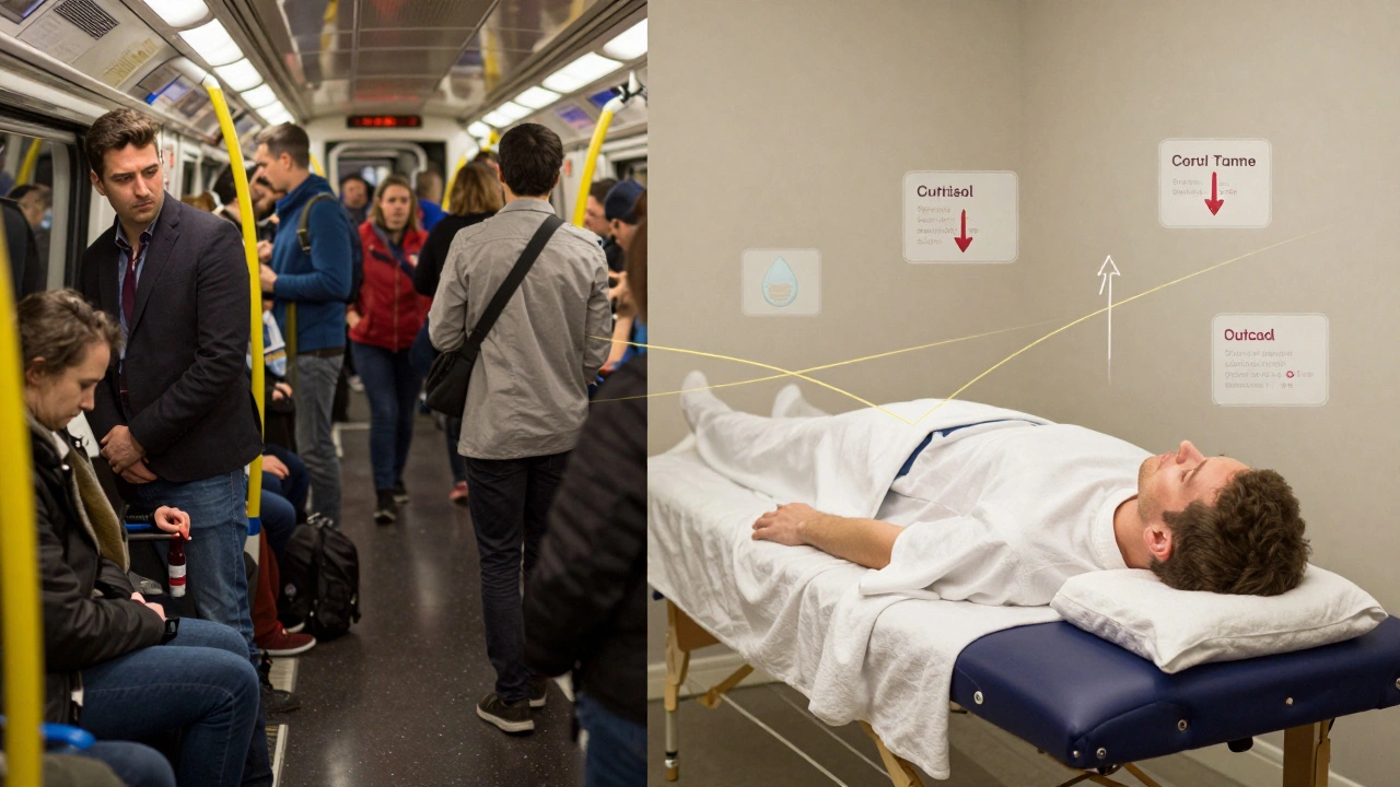 Split image contrasting crowded London commute with peaceful home massage, surrounded by health data visualizations.