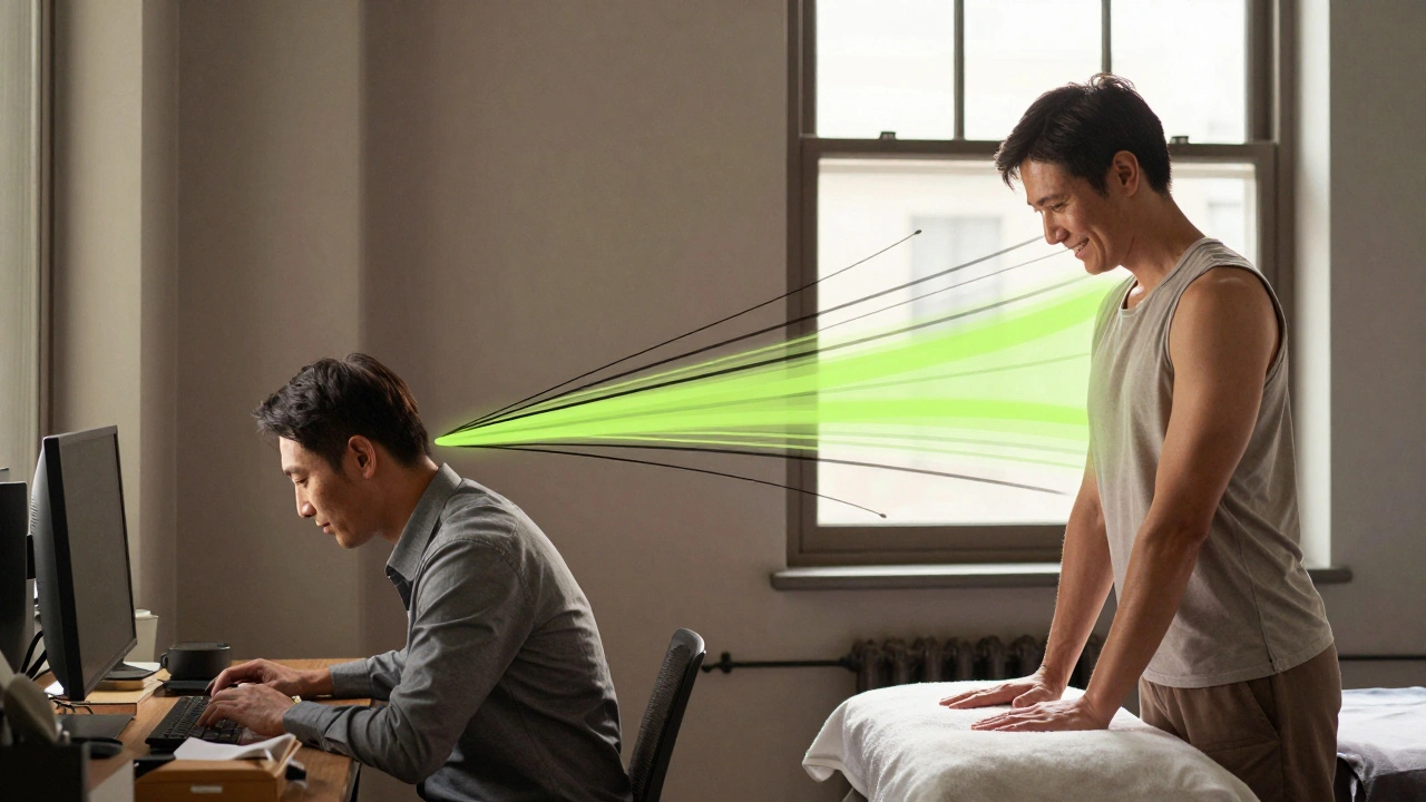 Split image showing a person transformed from slumped office posture to upright, relaxed stance after Thai massage, symbolic tension dissolving.