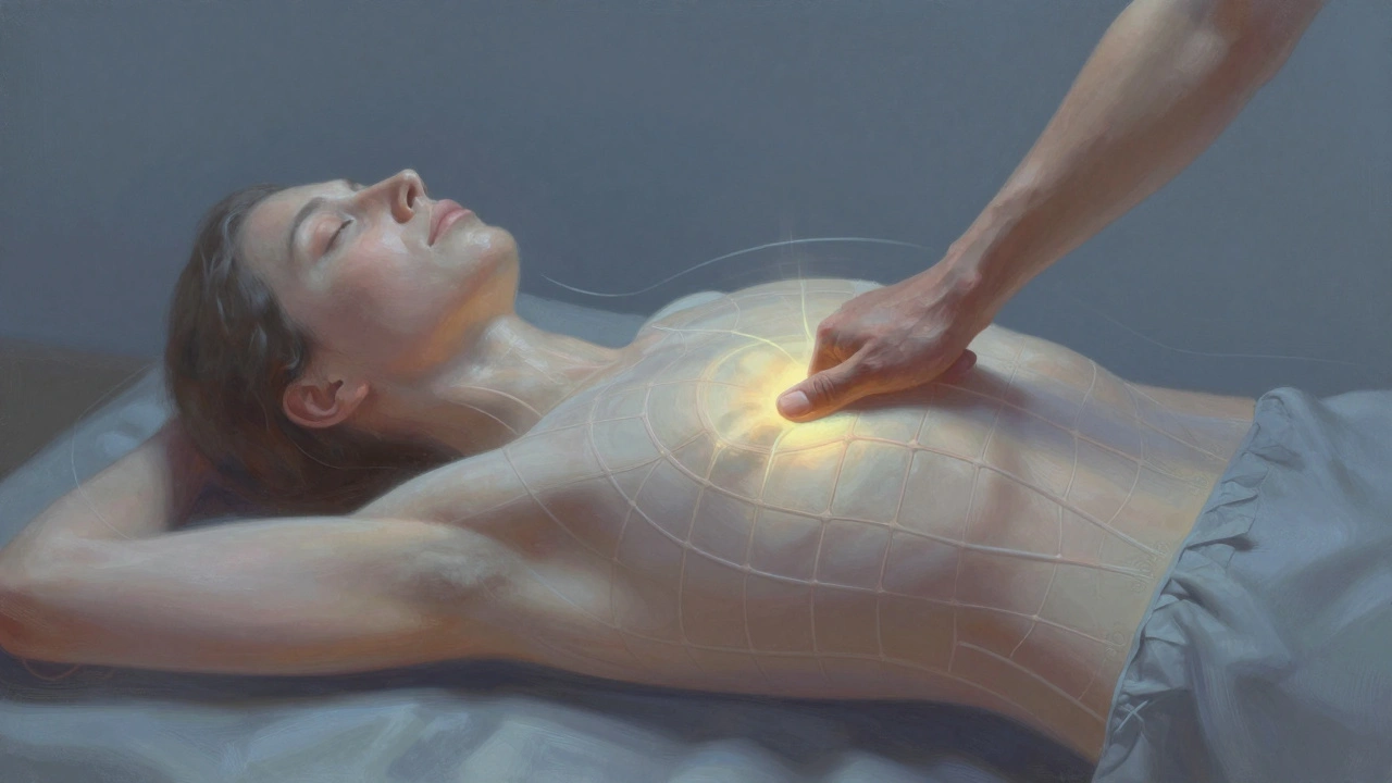 Surreal depiction of fascia release with glowing connective tissue under therapeutic pressure.