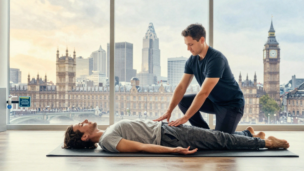 Thai massage session in Shoreditch with subtle London cityscape融入 the background.