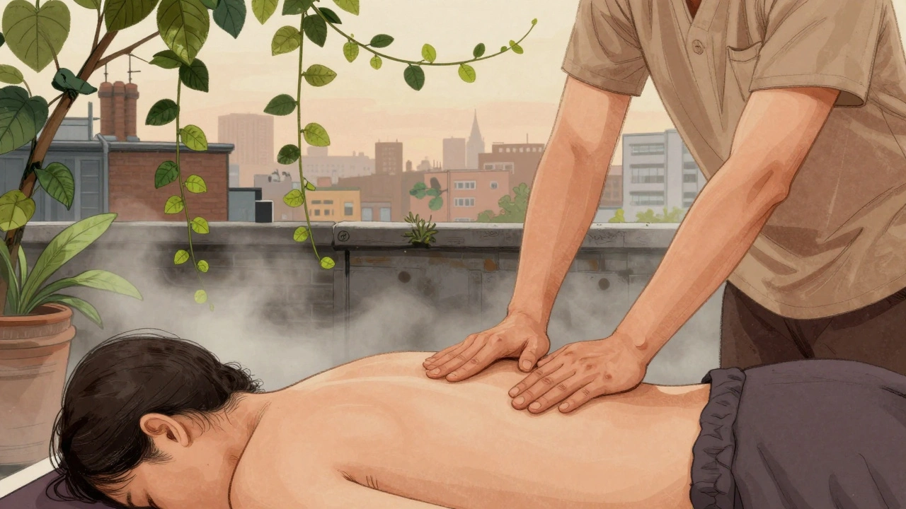 Thai massage therapist using foot pressure on a client’s back in a rooftop garden with vines and city skyline in background.