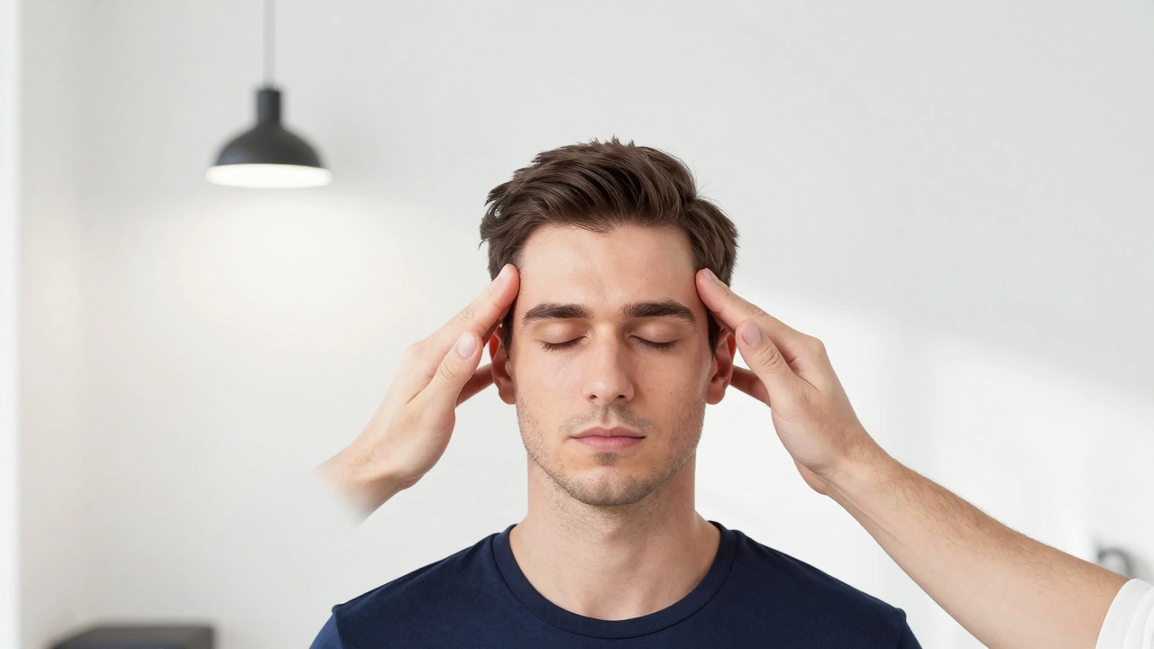 Therapist applying precise thumb pressure to temples and skull base during a dry head massage.