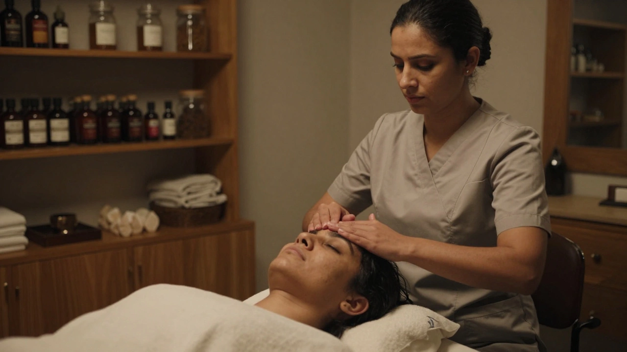 Therapist performing dry Indian head massage on seated client in London salon, no oils or decorations.