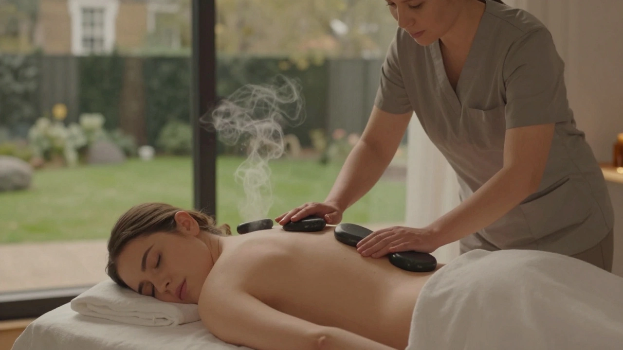 Therapist using warm stones on a client's back in a luxurious London spa with floor-to-ceiling windows and peaceful garden view.