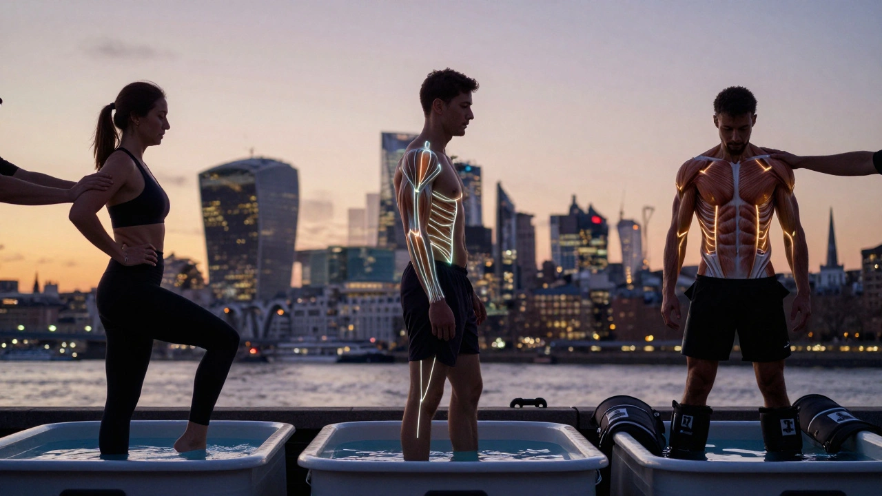 Three athletes connected by glowing muscle lines, symbolizing holistic recovery in London.