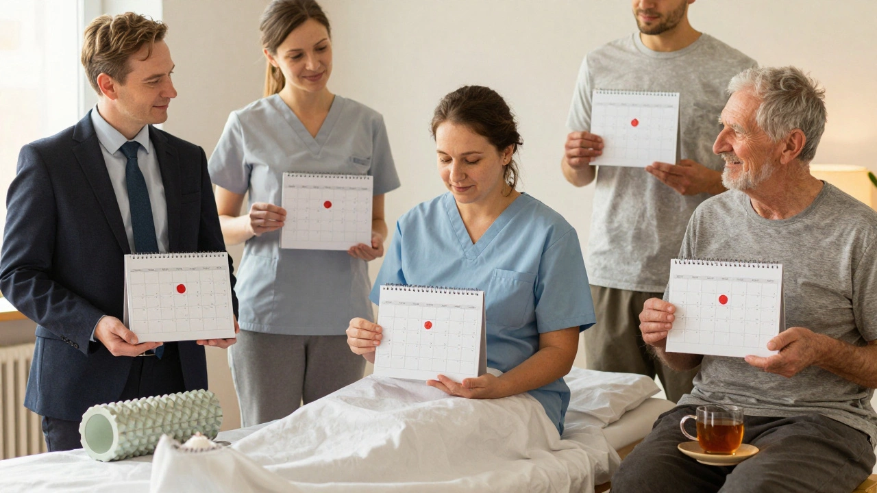 Three individuals with different needs, each marking their regular massage day on a calendar with personal wellness cues.