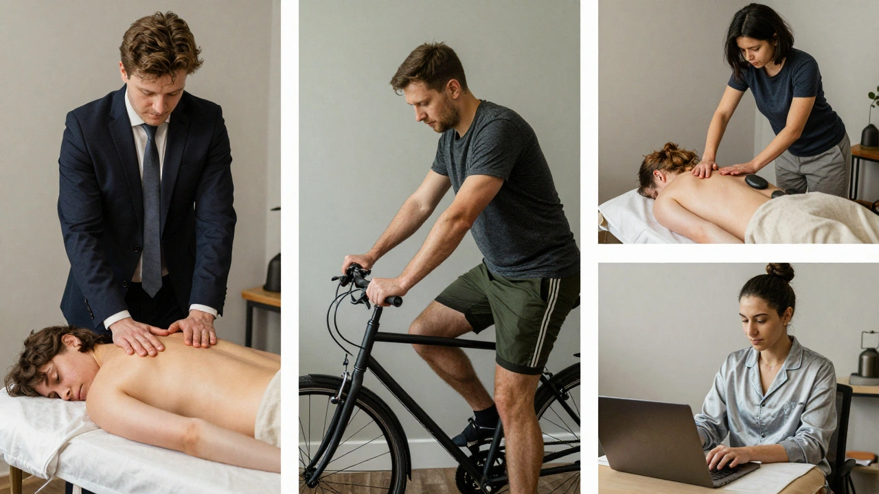 Three Londoners getting different types of massage in everyday clinics — commuter, cyclist, remote worker.