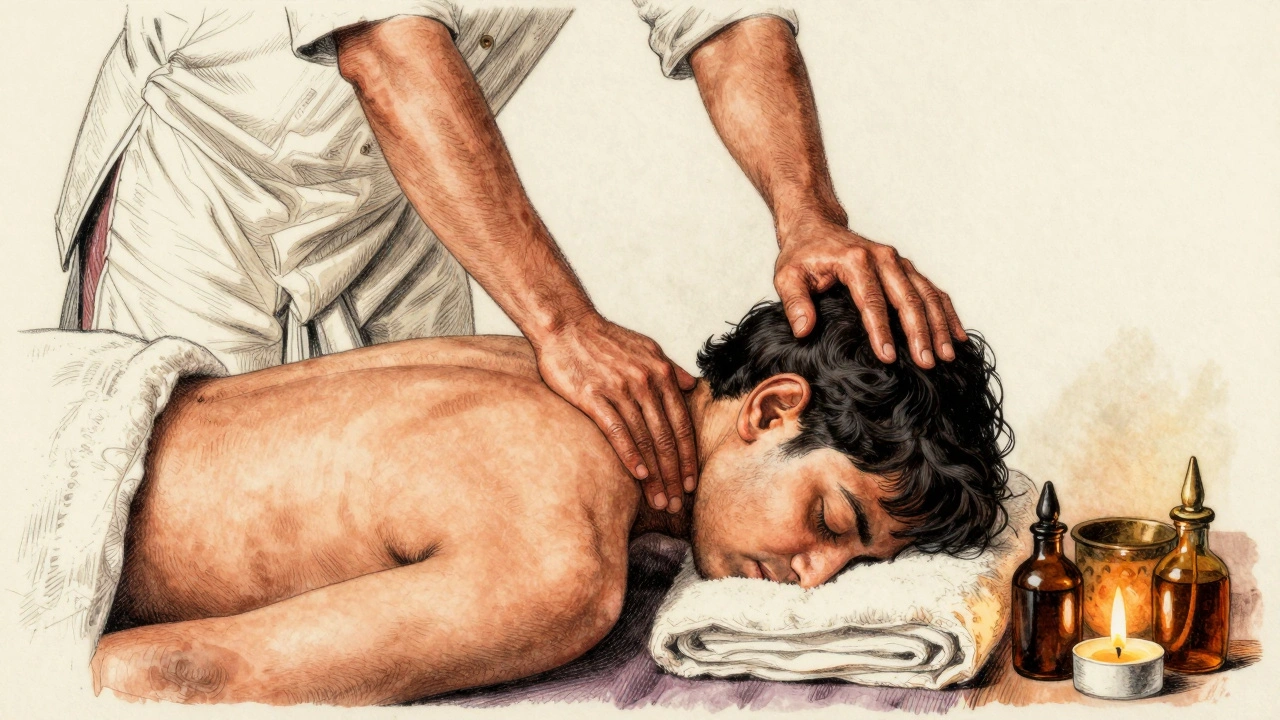Traditional Indian Head Massage being performed on shoulders and scalp in warm light.