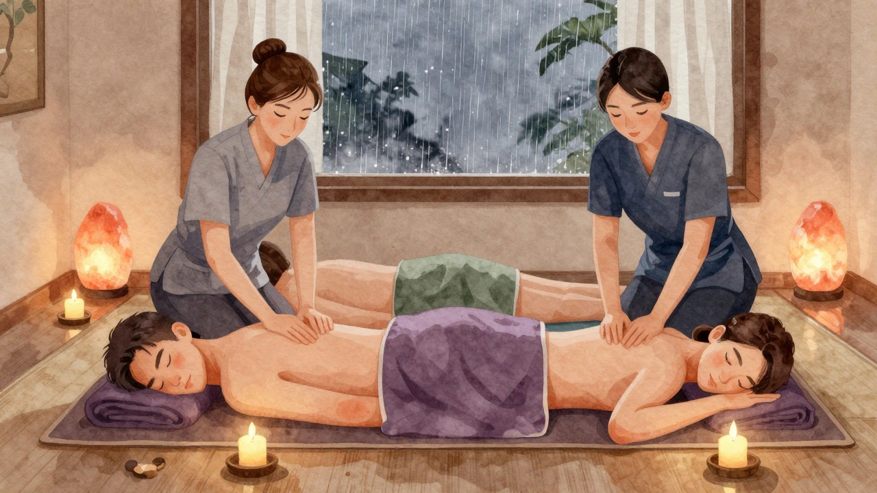 Two people receiving a couples massage in a hotel room, therapists working gently, warm candlelight, towels draped, rain on the window.