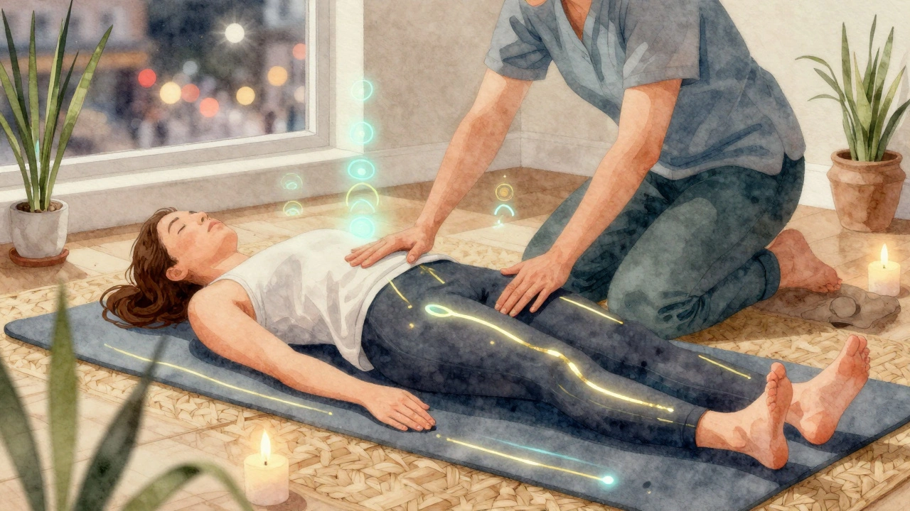 Watercolor illustration of Thai massage with glowing energy lines, therapist using hands and feet to stretch a clothed client on a mat.