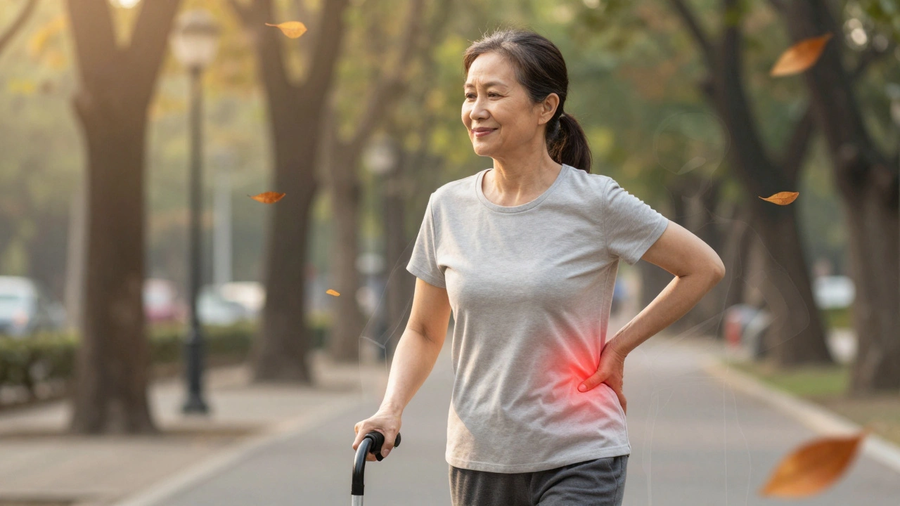 Woman walking confidently without a cane in a park, symbolizing relief from chronic sciatica pain.