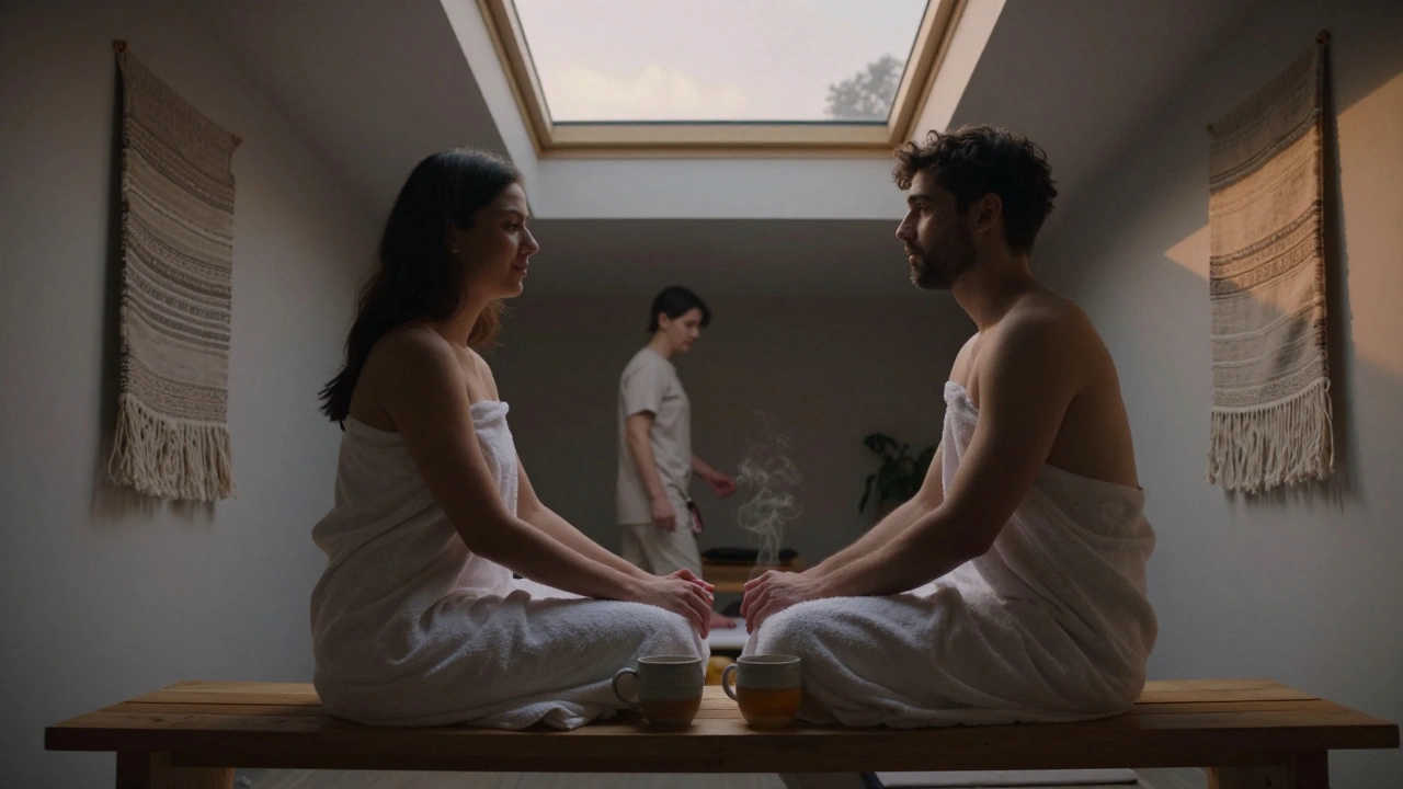 A couple holding hands in silence after a massage, sipping tea under a sunset skylight, barefoot therapist leaving quietly.
