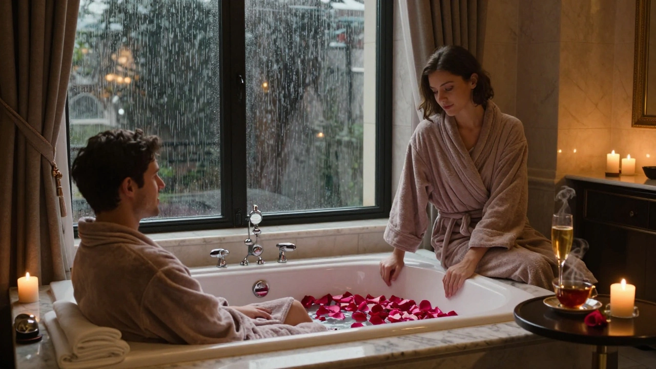A couple relaxing in plush robes after a luxury massage at The Savoy Spa, champagne and tea beside a rose-petal-filled tub in a quiet suite.