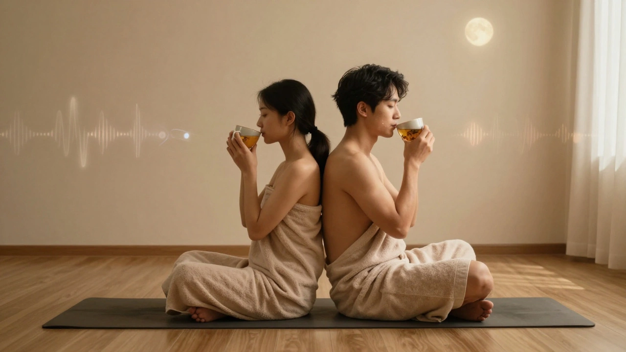 A couple sitting back-to-back after massage, wrapped in towels, sipping tea in quiet moonlight.
