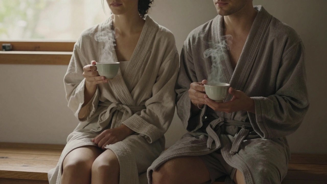 A couple sitting quietly together after a massage, holding warm cups of tea.