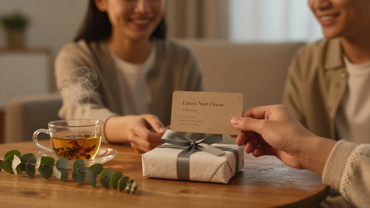 A massage gift card placed beside tea and eucalyptus, symbolizing a thoughtful gift of rest and care.