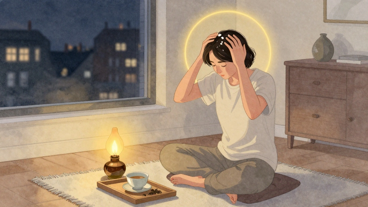 A person gently applying oil to their scalp at home at night, surrounded by calm, dim lighting and herbal elements.