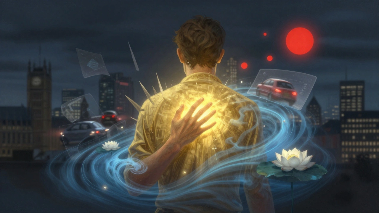 A person surrounded by stress symbols being soothed by a golden healing touch in London.