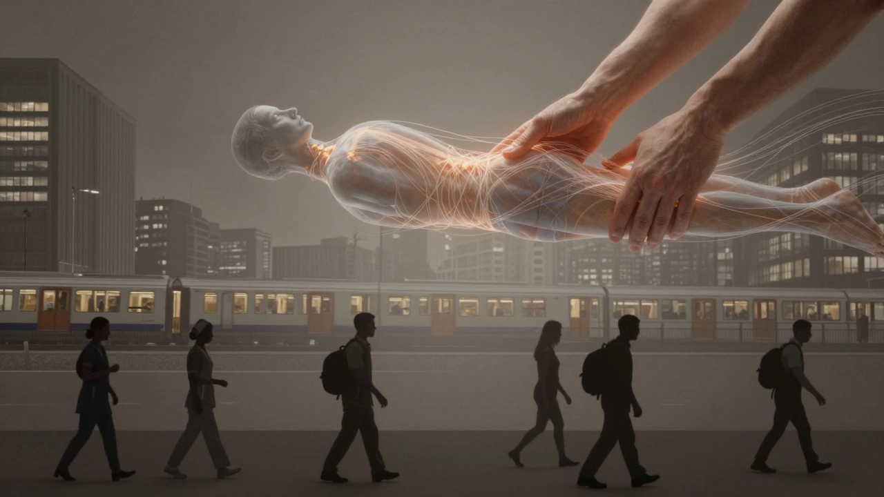A transparent figure with tension releasing from their body, being gently eased by glowing hands above a cityscape.