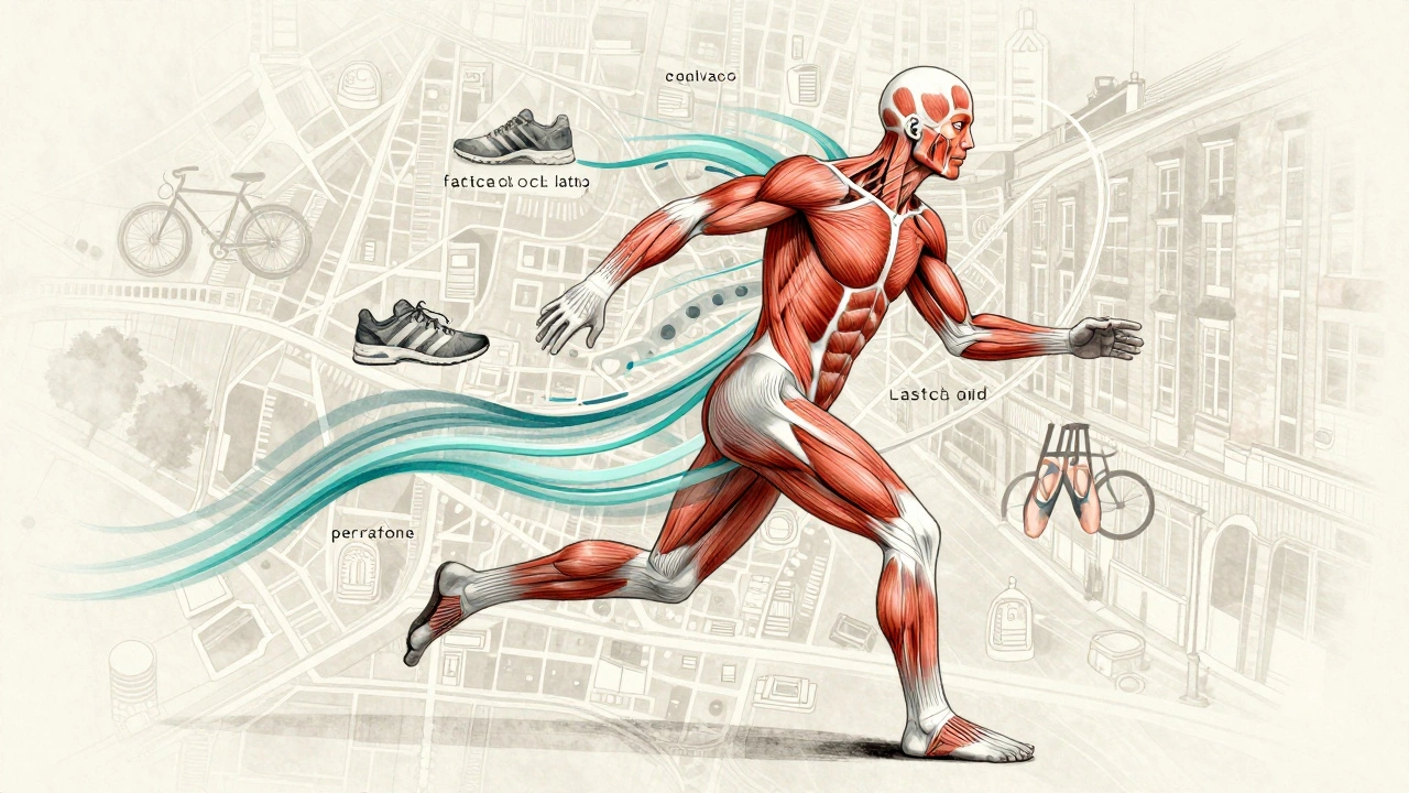 Anatomical illustration of muscles with flow lines releasing tension over a London street map.