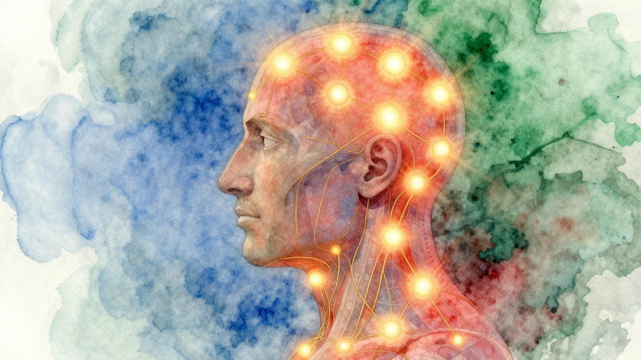 Artistic depiction of the head with glowing energy points and subtle channels representing Ayurvedic nadis and marma points.