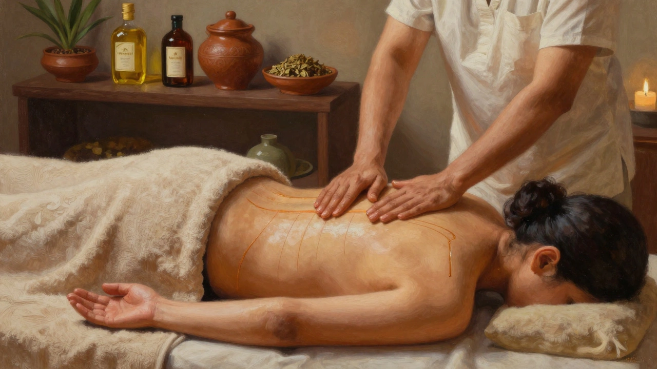 Ayurvedic massage with therapist using flowing strokes and warm herbal oil on a client’s back in a serene, earth-toned room.