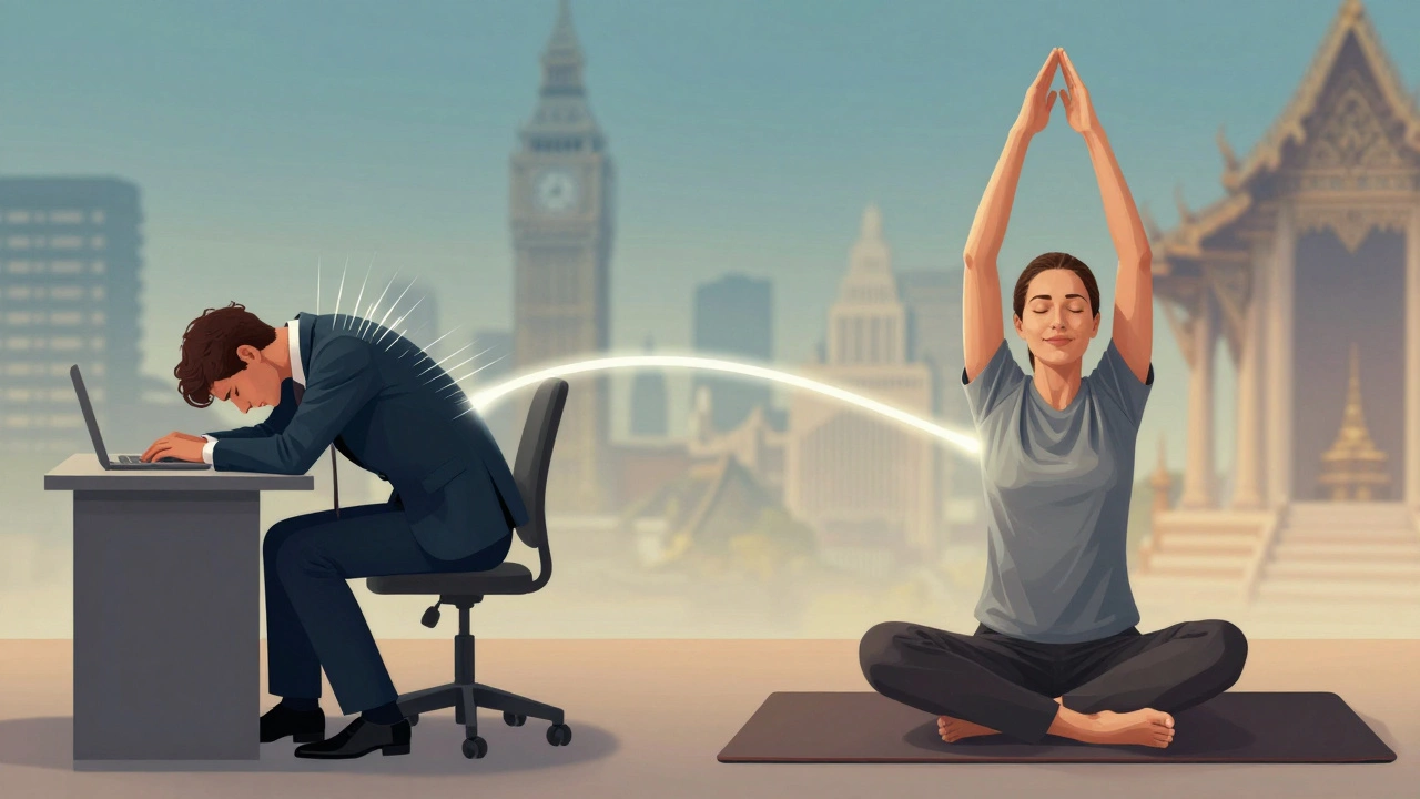 Before and after: stressed commuter transformed into relaxed person after Thai massage, energy line connecting both.