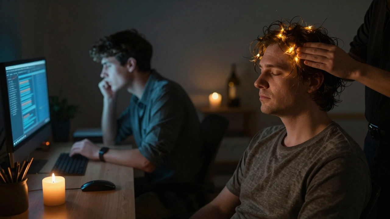 Before and after: stressed worker at desk vs. relaxed person massaging scalp with oil at night.