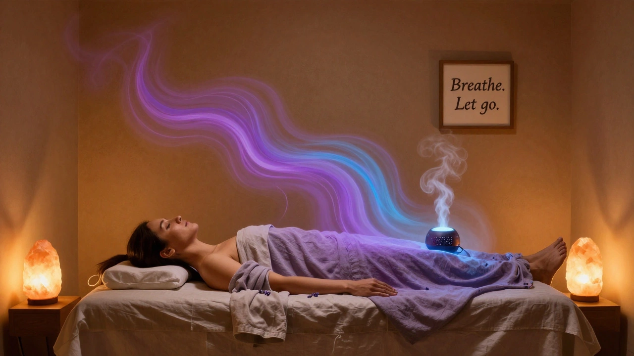 Client relaxing during an aromatherapy massage with lavender steam and soft salt lamp glow in Shoreditch.
