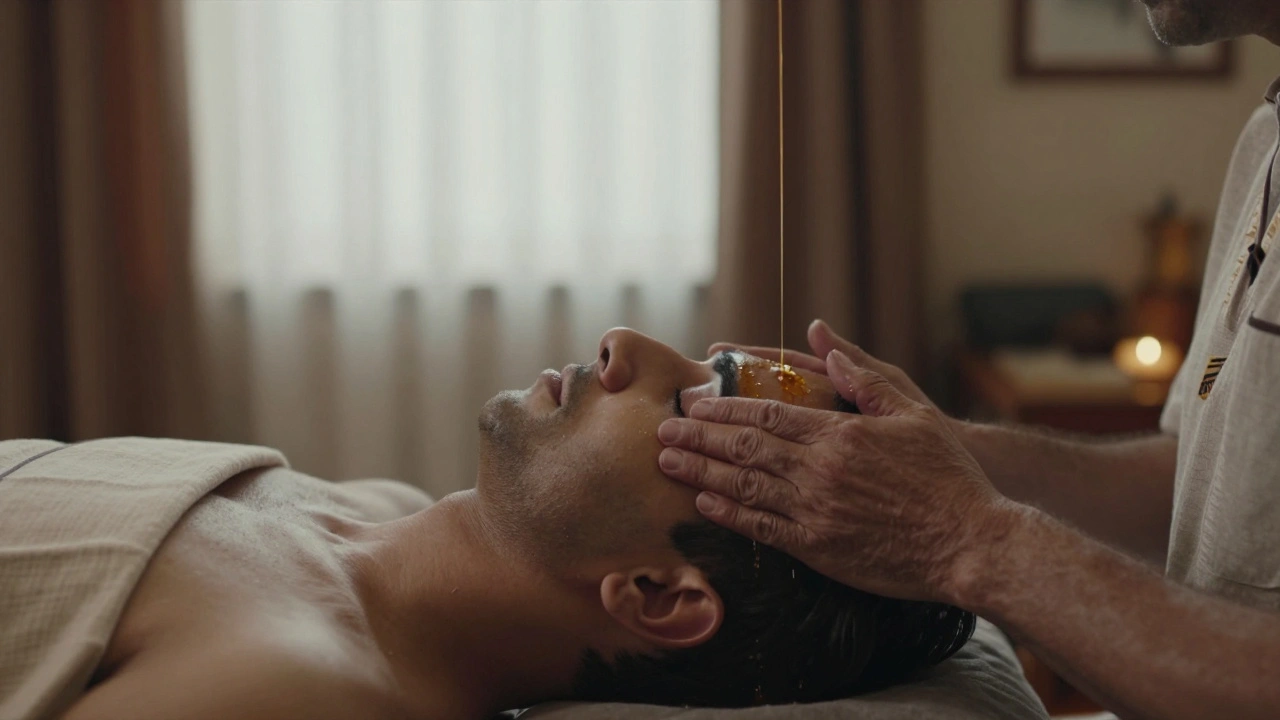 Close-up of hands massaging scalp with warm oil dripping down the neck during an Indian head massage session.