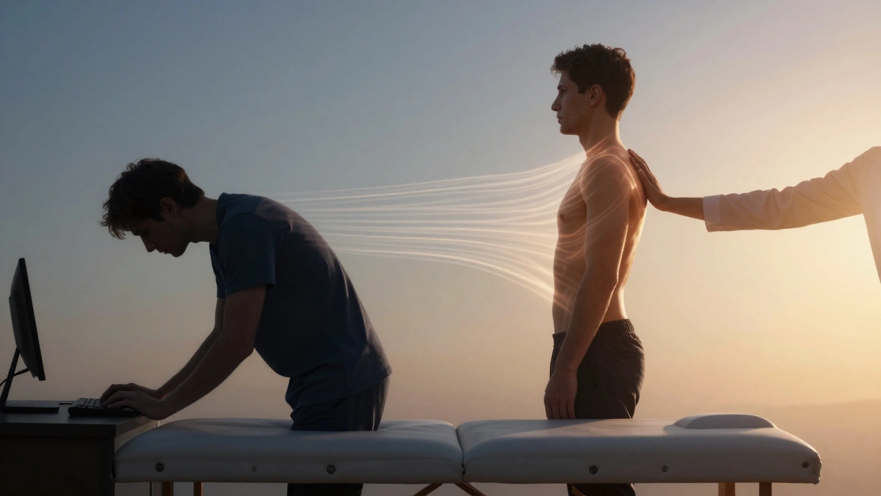 Contrasting images of tense versus released posture, showing the effect of deep tissue massage.