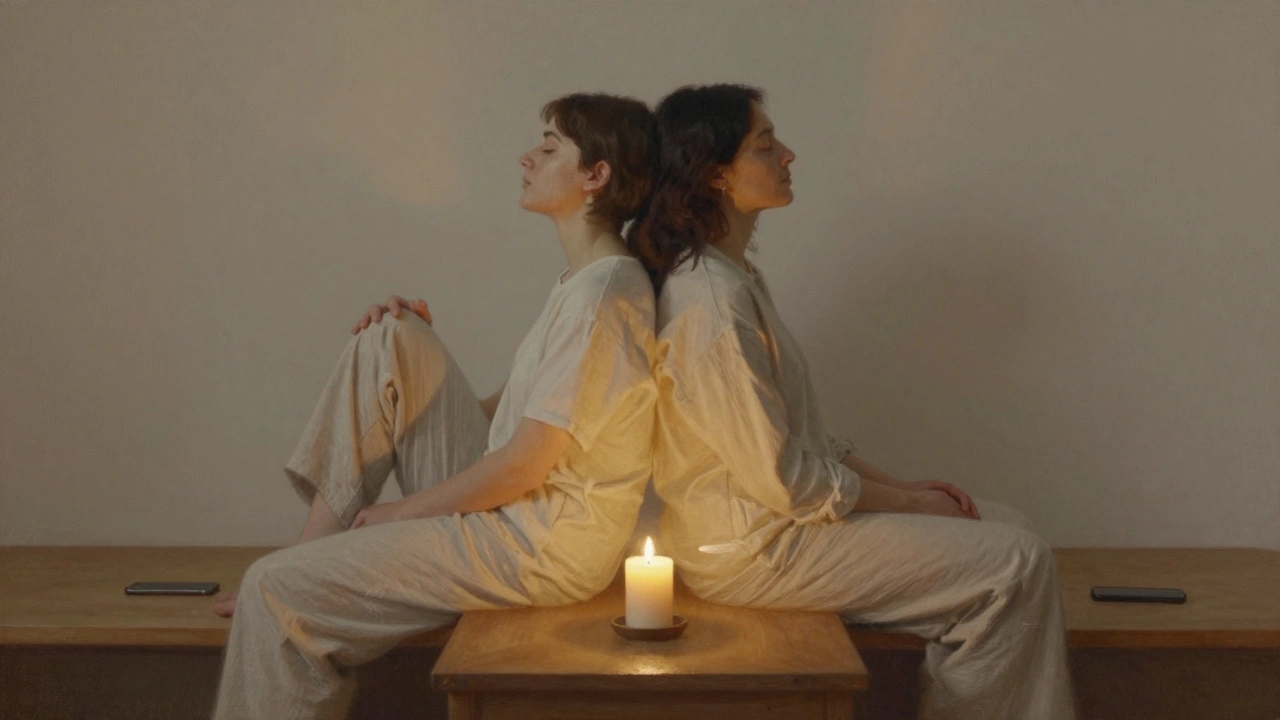 Couple sitting back-to-back in quiet living room, hands on shoulders, candle between them, phones off.