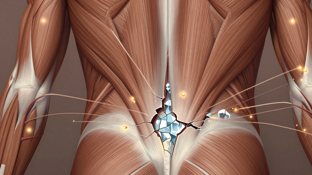 Cross-section of back muscles showing adhesions being broken by massage strokes