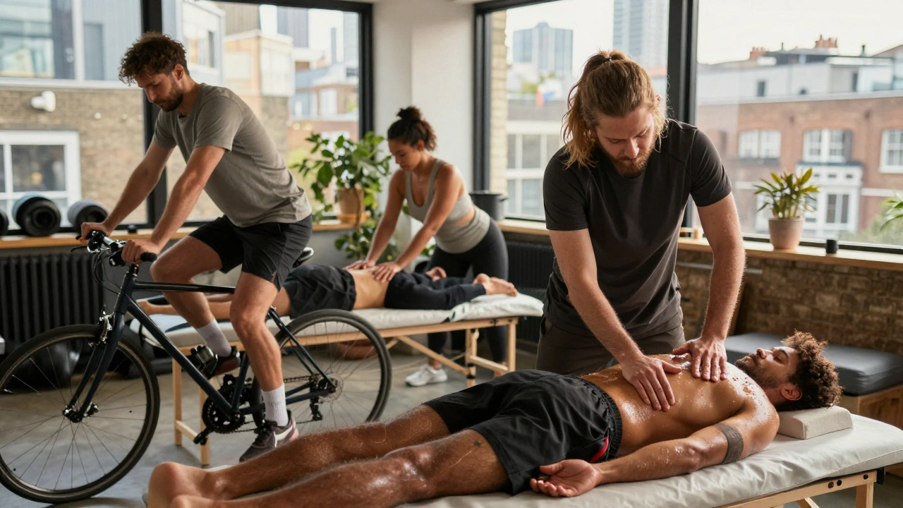 Diverse Londoners receiving sports massage in gym, studio, and home settings during golden hour.