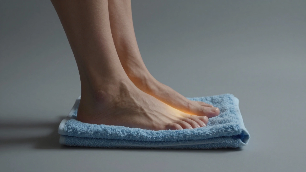 Feet gently shaking on a towel, symbolizing release of stress and tension.