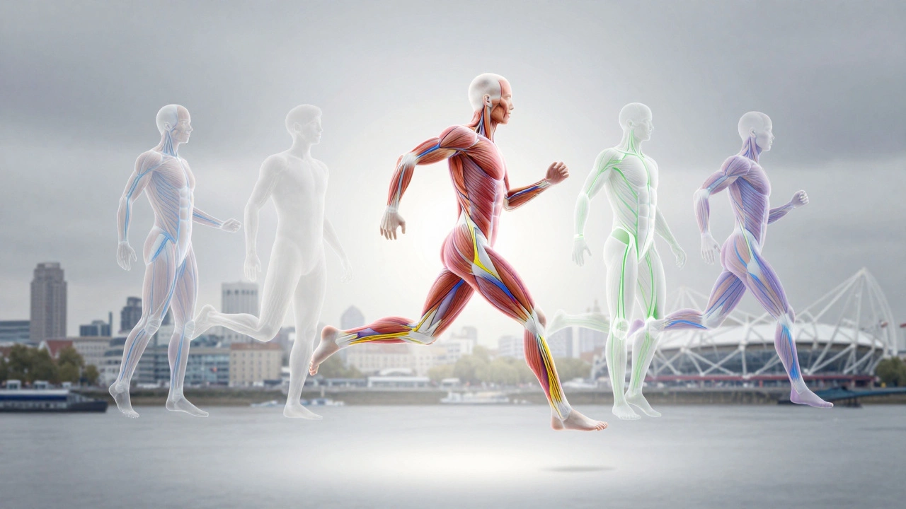 Five sports massage techniques visualized as colored lines tracing an athlete's body against London skyline.