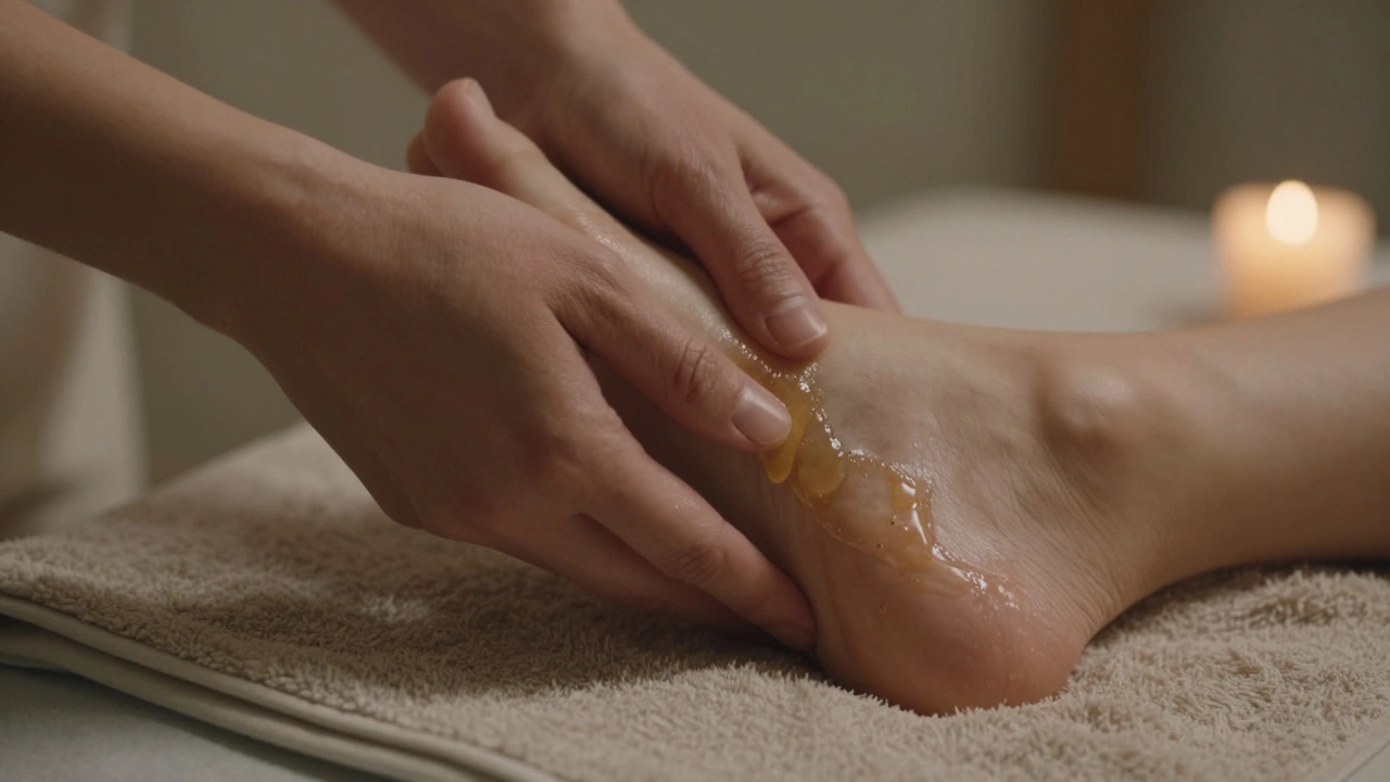 Gentle hands massaging a foot with oil, candlelight glinting on skin, no faces visible.