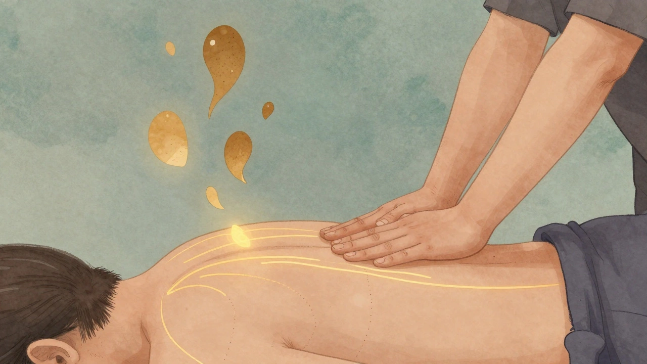 Golden energy lines glowing beneath skin during Thai massage, therapist using foot for pressure, abstract tension dissolving.