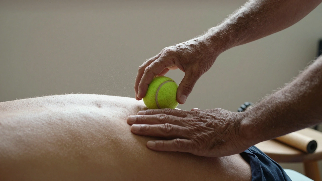 Hands rolling a tennis ball along the upper back against a wall.