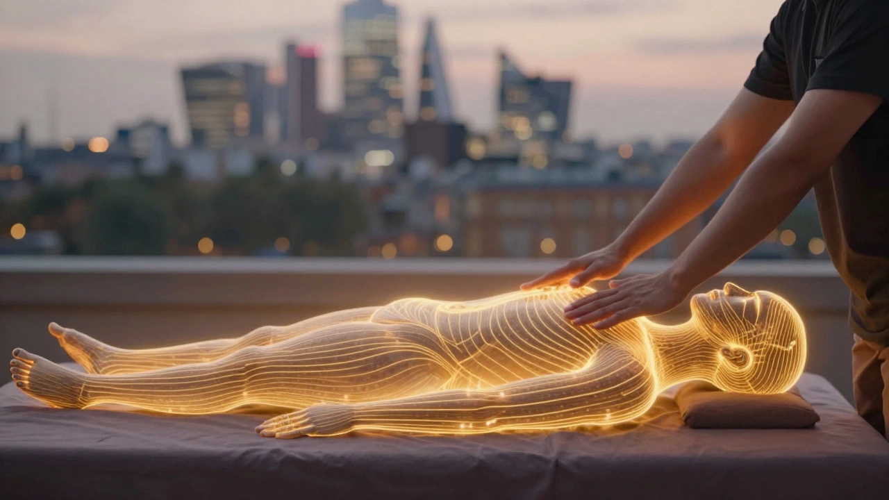 Human body with glowing energy lines connected to therapist's hands during a Thai massage.