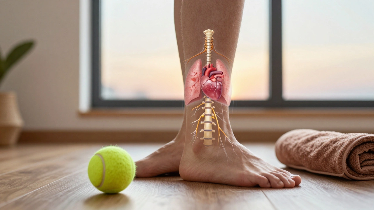 Human foot with nerve pathways connected to organs, tennis ball rolling beneath, dawn light outside.