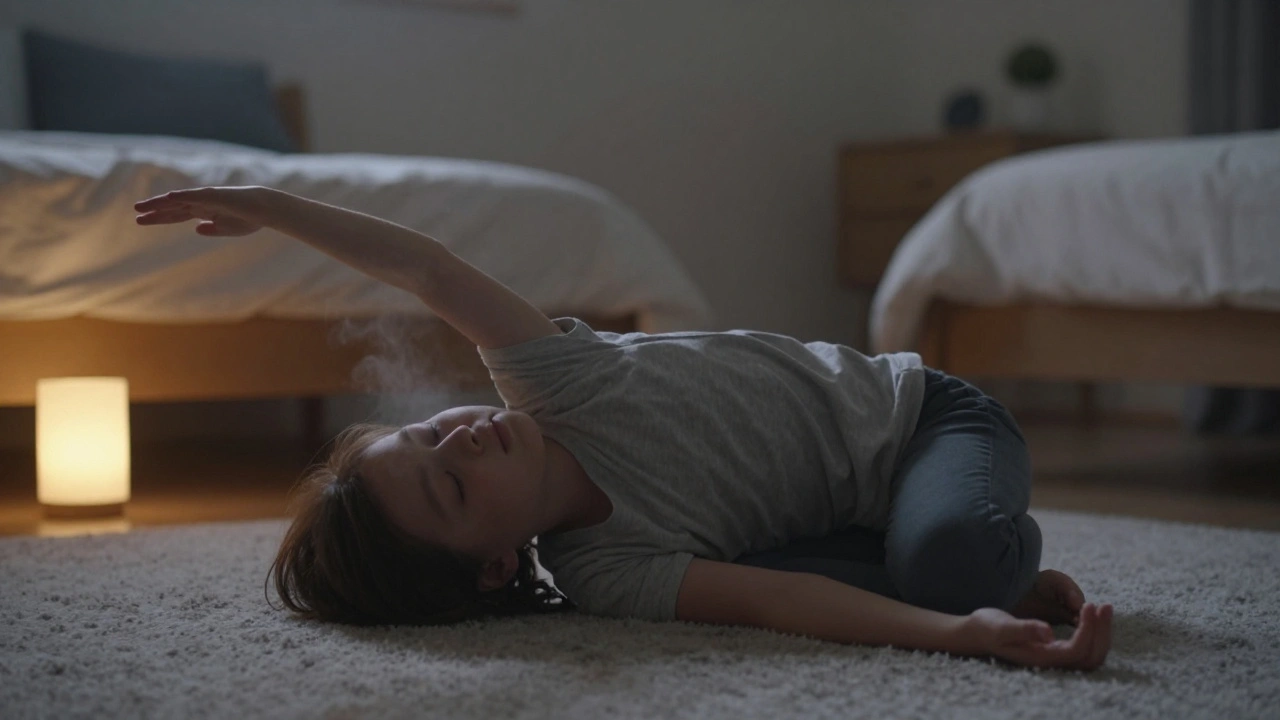 Person in child’s pose with one arm stretched sideways, calm and relaxed.