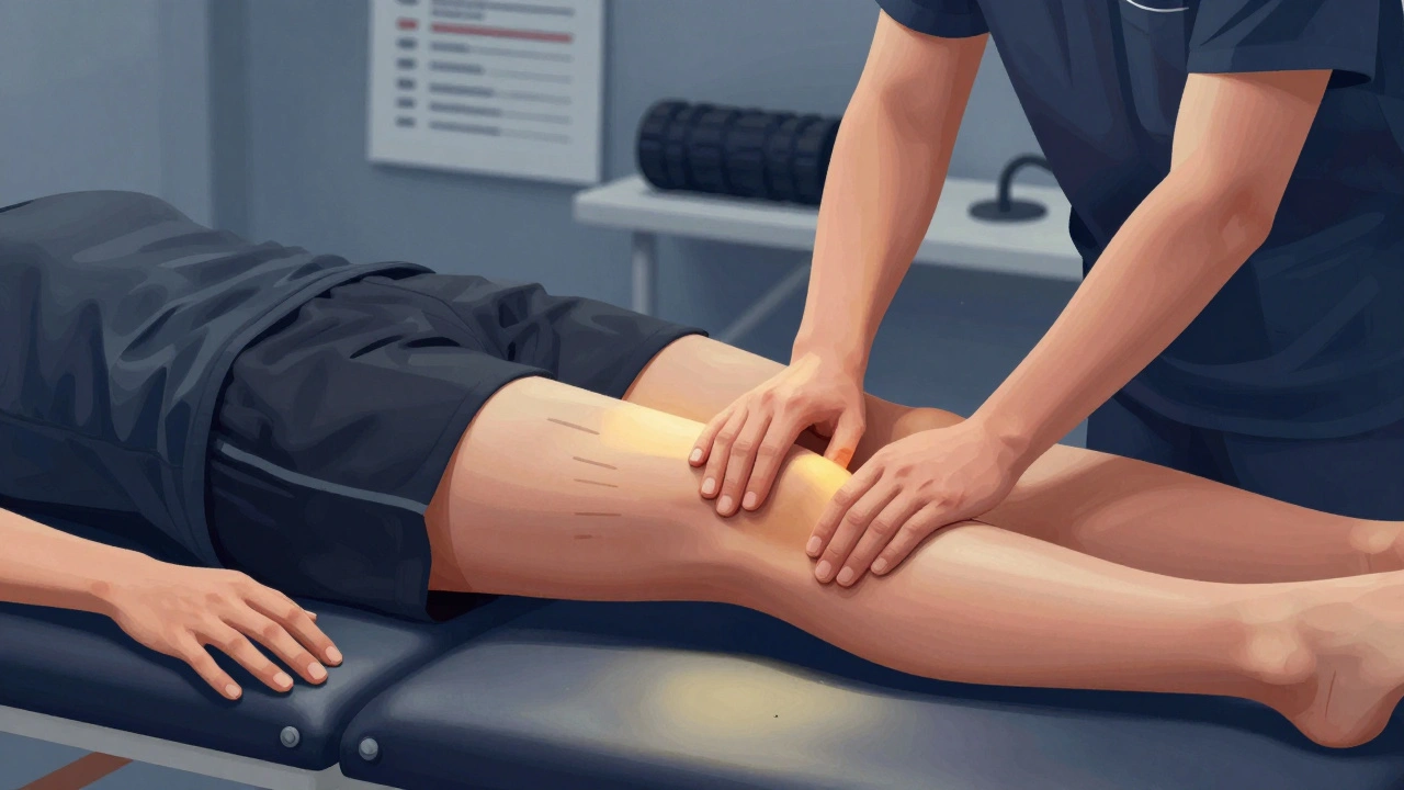 Sports therapist working on a runner's hamstring with focused, controlled technique.