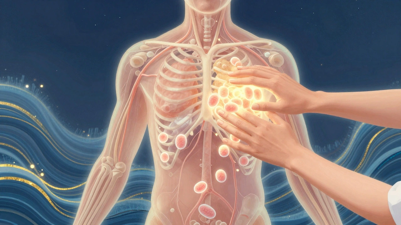 Stylized human body with glowing lymphocytes and calming energy waves, symbolizing immune system enhancement.