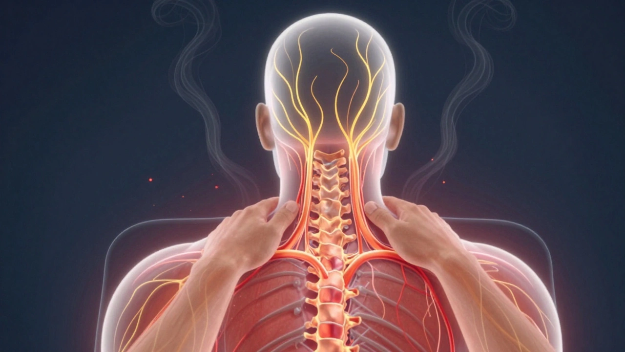 Stylized transparent illustration of neck and spine with glowing energy flow, showing blood vessel dilation and nervous system shift.