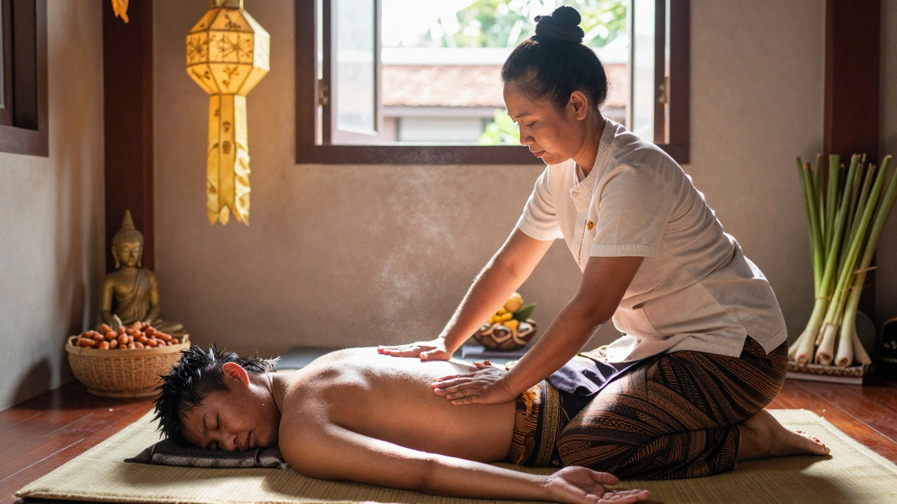 Thai massage therapist applying acupressure to a client's spine in a calm, candlelit studio.