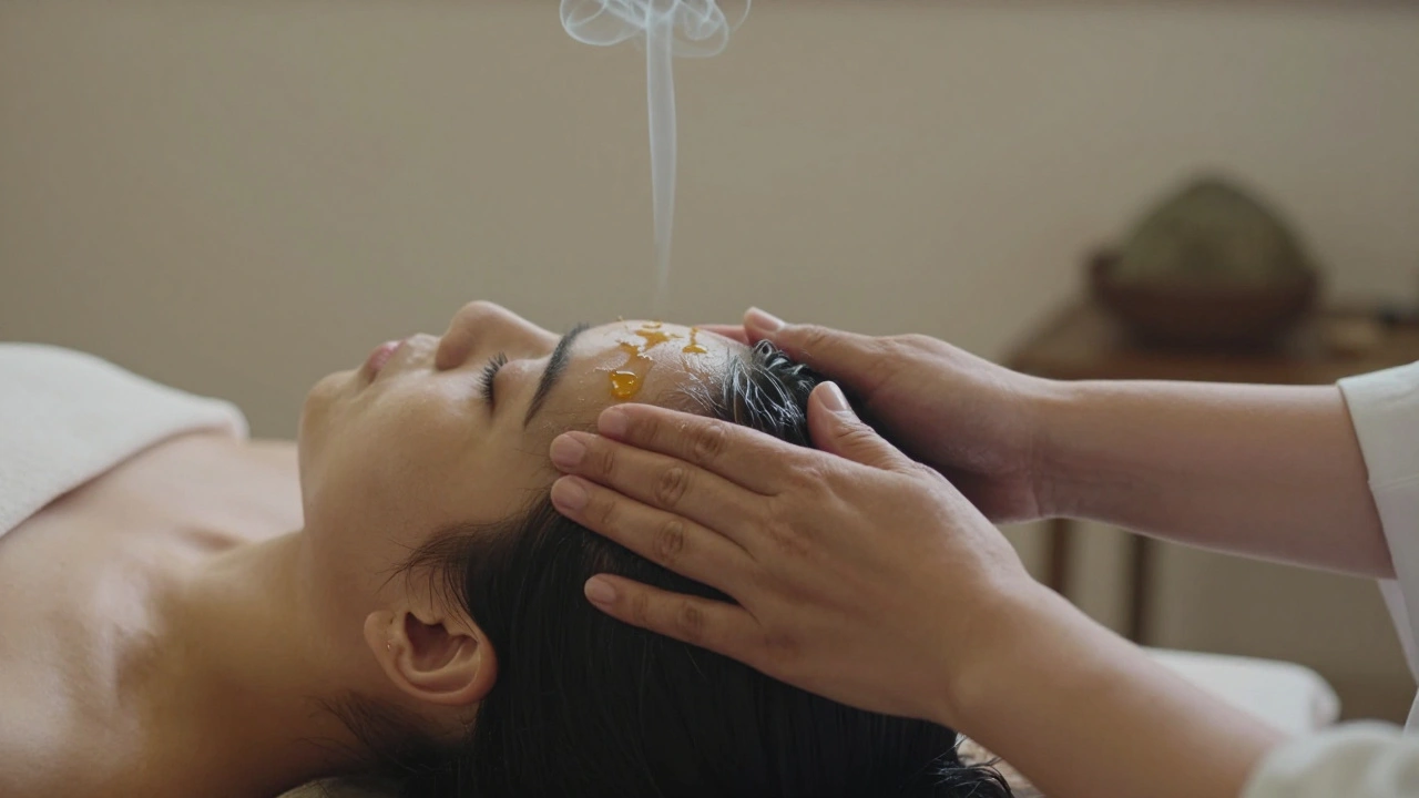 Therapist's hands applying pressure to marma points on scalp and neck during an Ayurvedic head massage.